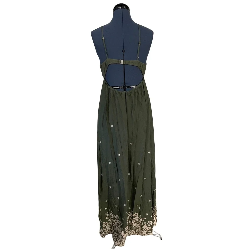 Abercrombie & Fitch Green Floral Flowy Maxi Dress Open Back Boho Fairy Beach MT